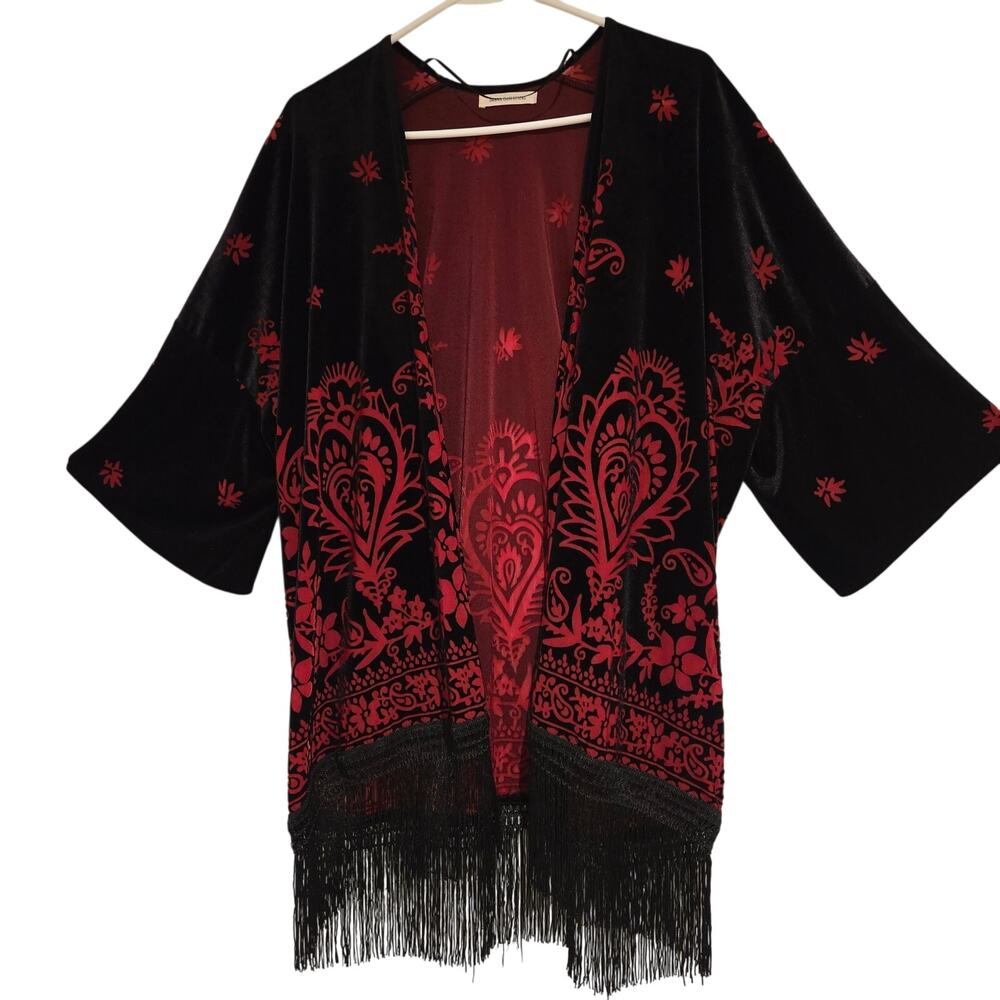 Urban Outfitters Burnout Velvet Kimono Red Floral Paisley Fringe Wrap OS - Picture 2 of 10